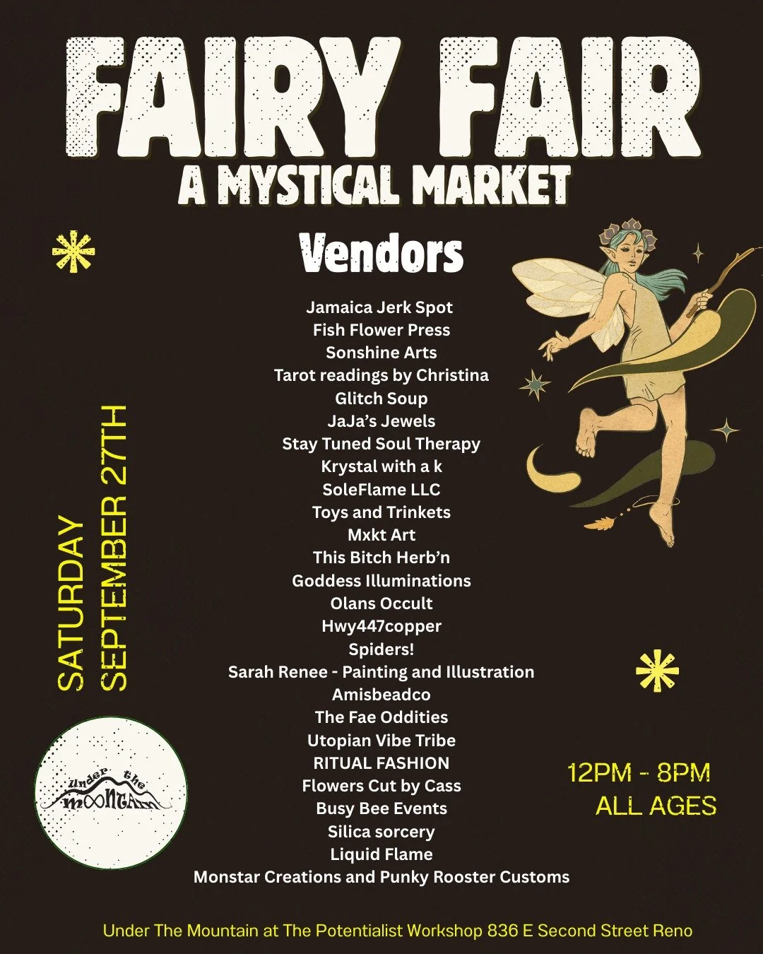 Only a few days left until Fairy Fair! 🌟

We have so many amazing vendors, including the delicious @jamaica_jerk_spot!

Featuring live performances by three awesome bands, @therealanabelle_desertscrubs, @namechangeform, @officialnotthesame!

Grab yo
