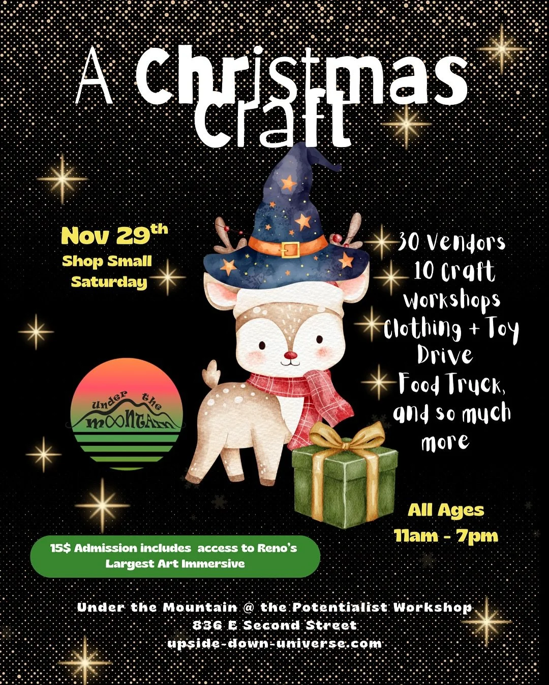 Join us for A Christmas Craft featuring 30 local vendors, 10 Christmas Craft workshop stations geared towards decoration and gifts for the holiday season, live festive music, a food truck, hot chocolate bar and access to our 20,000 sqft immersive art