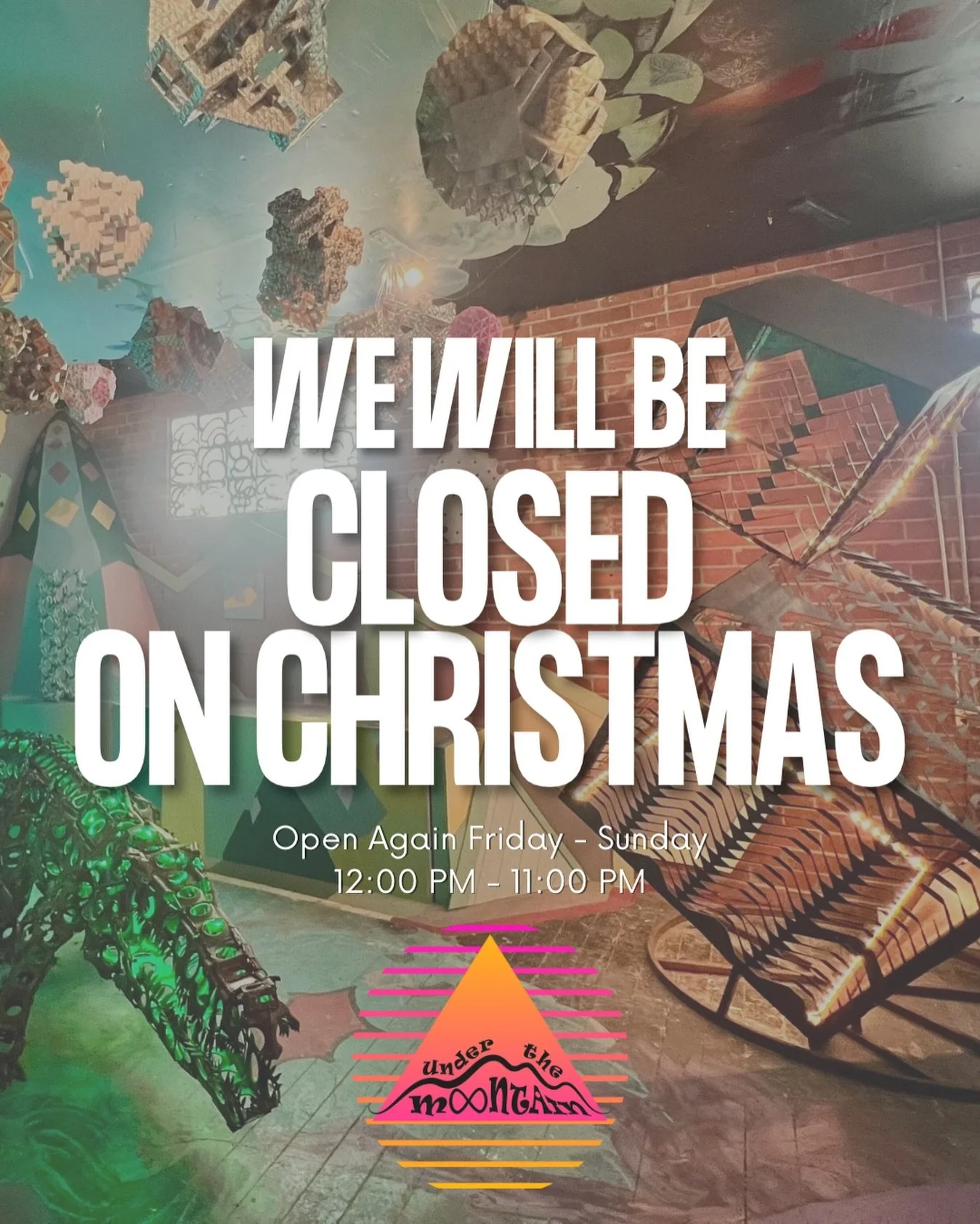 Our art immersive will be closed tomorrow 12/25, but we&rsquo;ll re-open on Friday for normal hours. 

Looking for something to do after the holidays? Spend the weekend with us!✨🌧️🍄🦎 Bring your friends and family to our giant art experience for a 