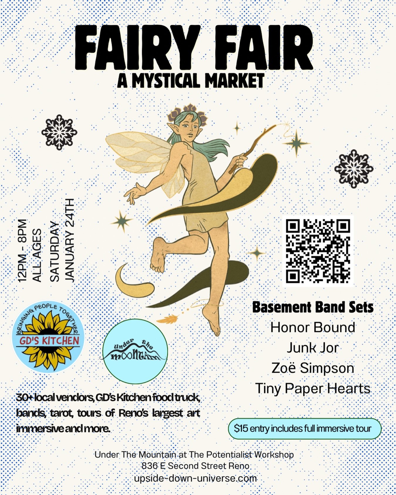 ❄️ Crush those winter blues! Come out to Fairy Fair and frolic through our immersive with 30+ local artists, @gdsfoodtruck and hella bands in the basement. 🔥 Mark your calendars. We&rsquo;re gonna have a mythical blast. 🧚