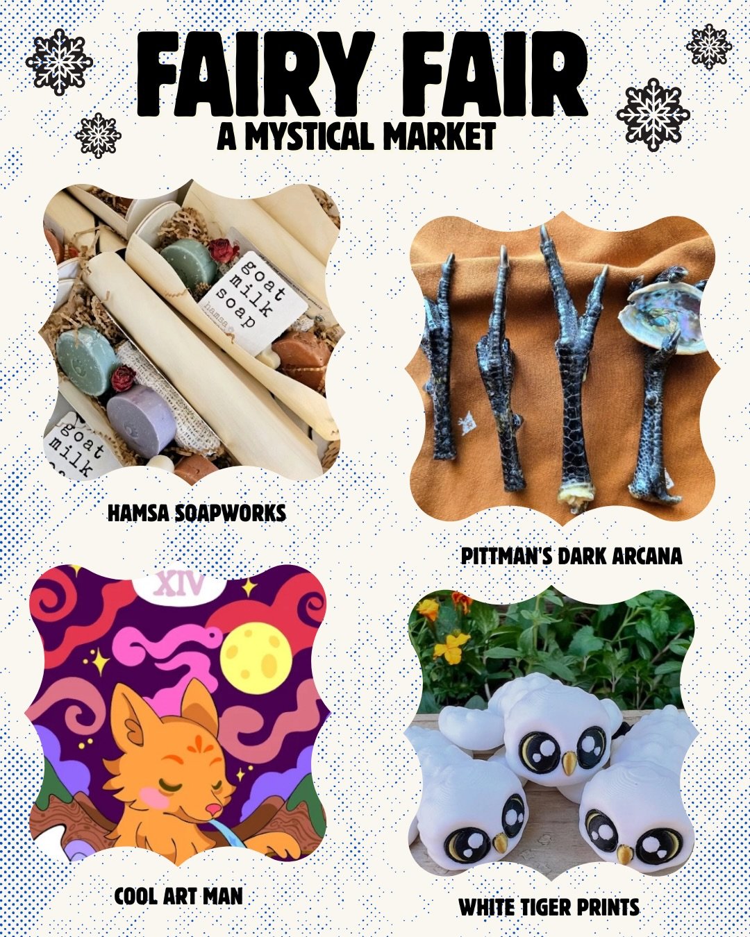 We&rsquo;ve got a few more vendor shoutouts for our Fairy Fair this Saturday! 

Aside from all of the incredible local art we also have some more unique experiences including massage in the crystal grotto, fresh flowers in the tundra, tooth gems in t