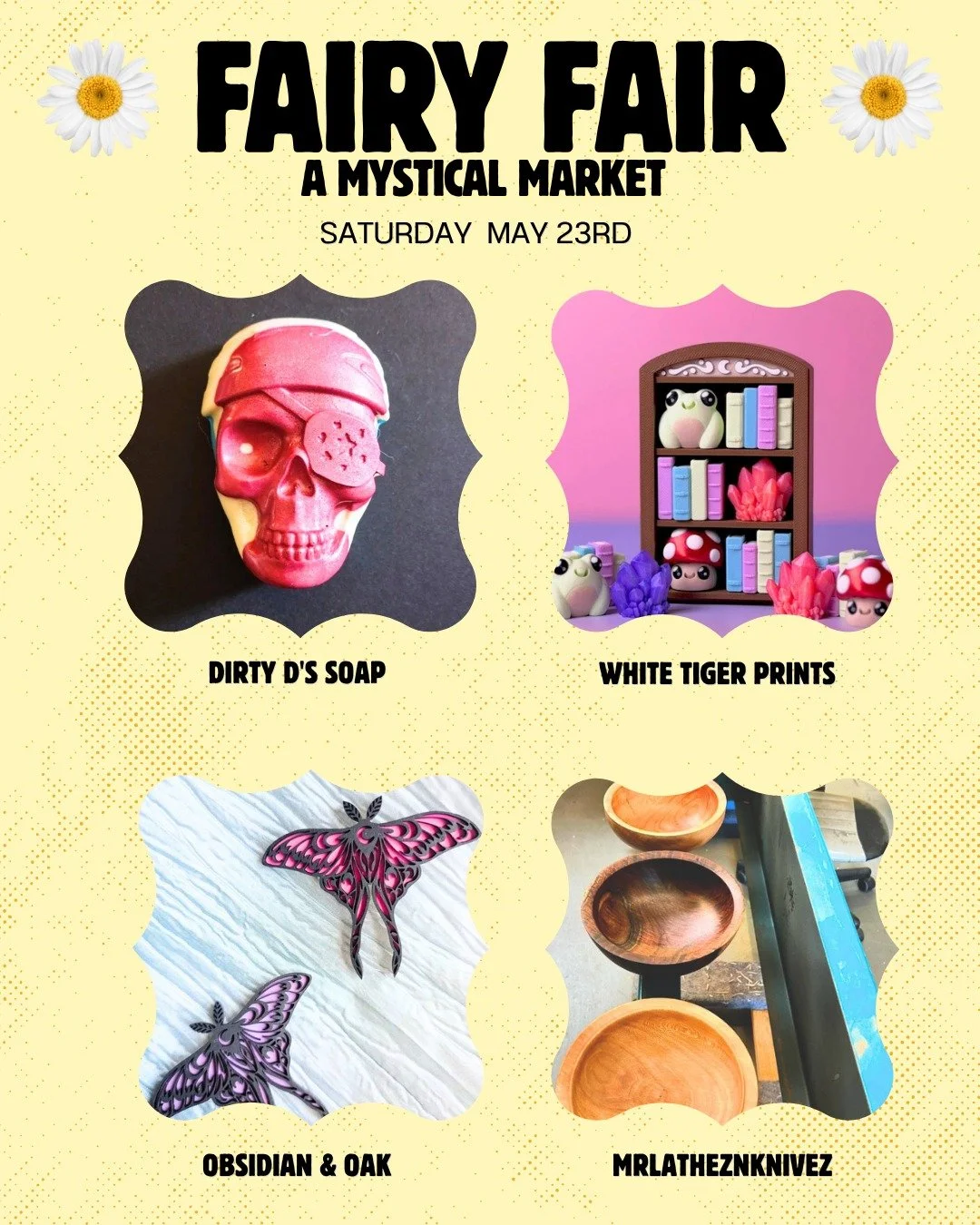 We've got some old favorites and some brand new faces for this Fairy Fair! We're so excited to see all the magical things they bring! 

Plus, we have @2ndgenmystic offering crystal ball readings in the witch house and ThreesACoven with tarot readings