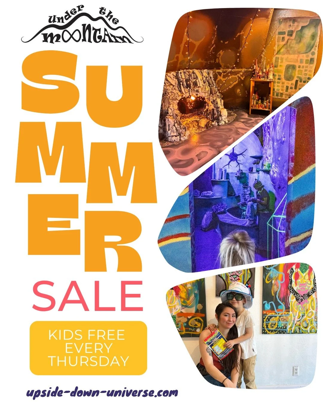 Our Summer Sale is in effect! Every Thursday, kids have free admission to Reno's largest art immersive! 

Come on down and explore Under The Mountain! Finish our scavenger hunt and you'll win an awesome sticker! 

Climb the tower, dance on the light 