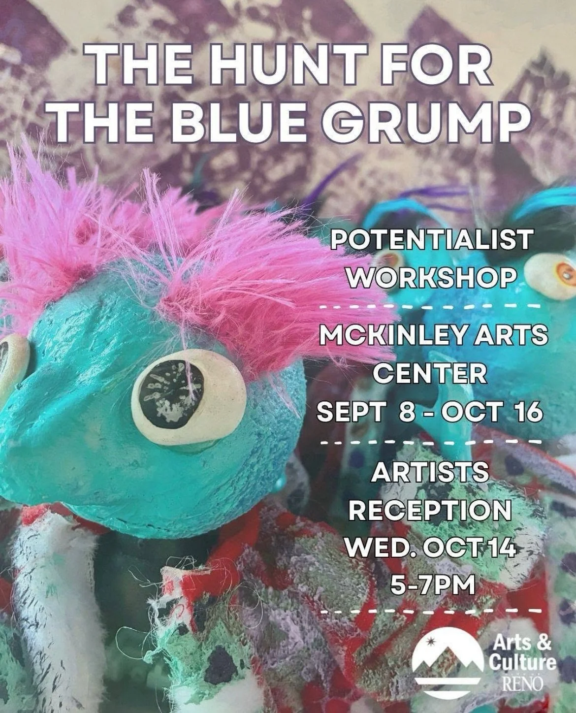Our Grump Grump art reception is here! Join us this Wednesday at the McKinley Arts &amp; Culture Center for our special celebration of our Upside Down creatures! Thanks to everyone who has supported through our auctions! And extra thanks to @renobiga