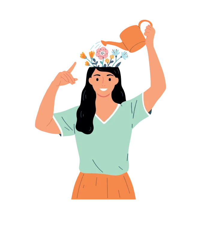A smiling woman with long black hair wearing a light green top and orange skirt, holding a watering can over her head as she waters a hat filled with colorful flowers.