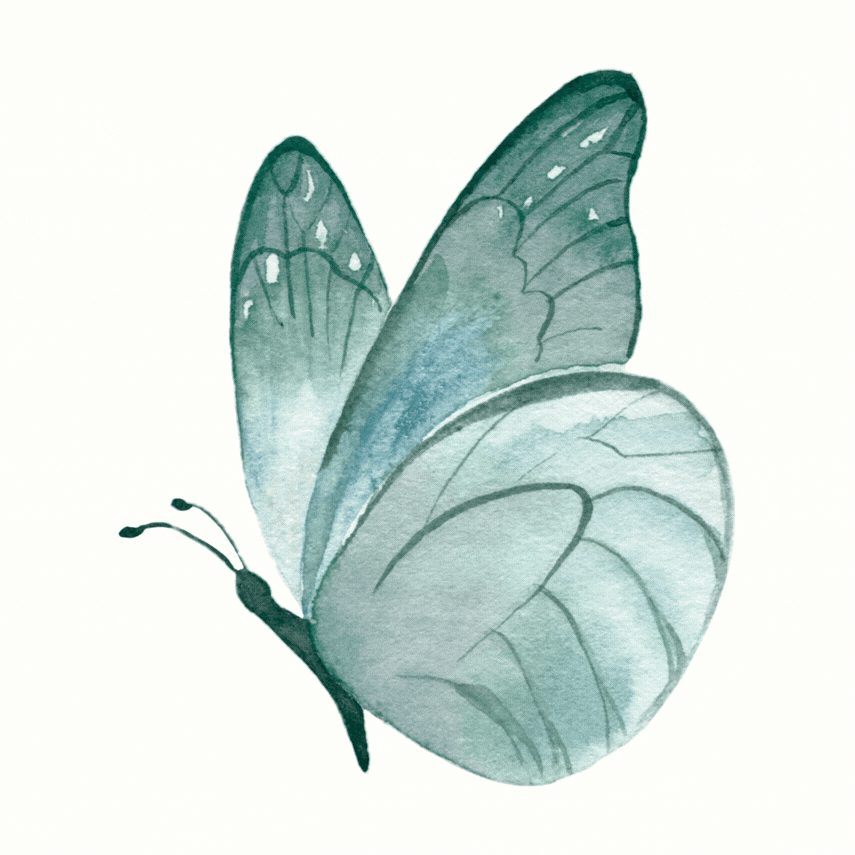 Watercolor illustration of a butterfly with blue and gray wings.