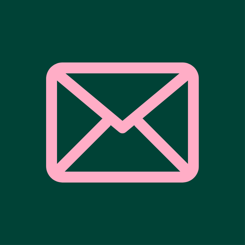 Pink email icon on a dark green background.