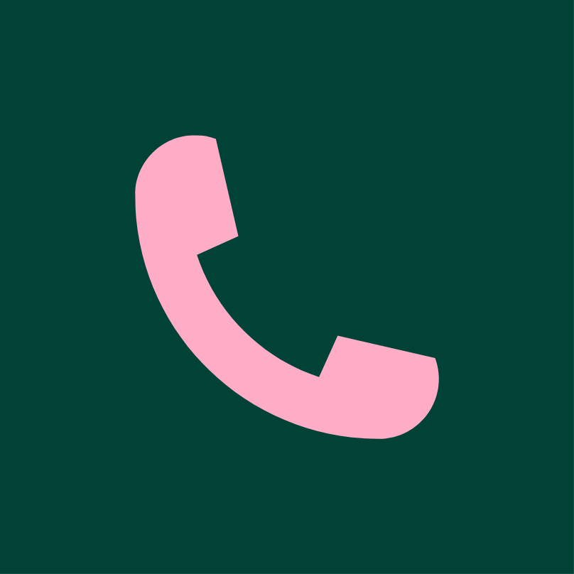 Icon of a pink telephone receiver on a dark background.