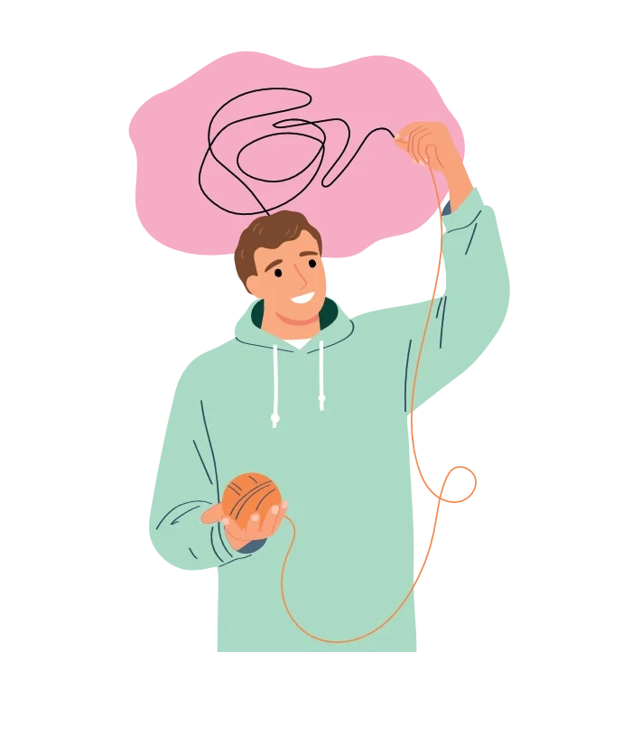 A smiling young man holding a ball in one hand, with a cloud-shaped thought bubble above his head and a tangled string connecting to an orange ball of yarn.