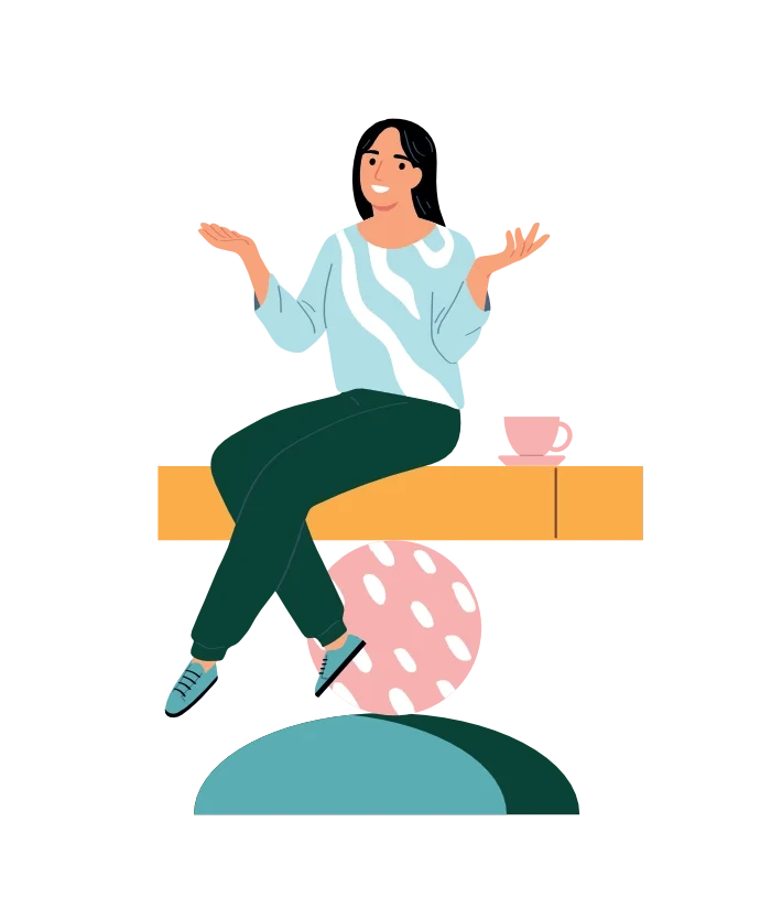 An illustrated woman sitting on a ledge with legs crossed, gesturing with both hands, pink mug on her right, behind a white and pink polka-dotted sphere, and a teal and dark green half-sphere in the foreground.