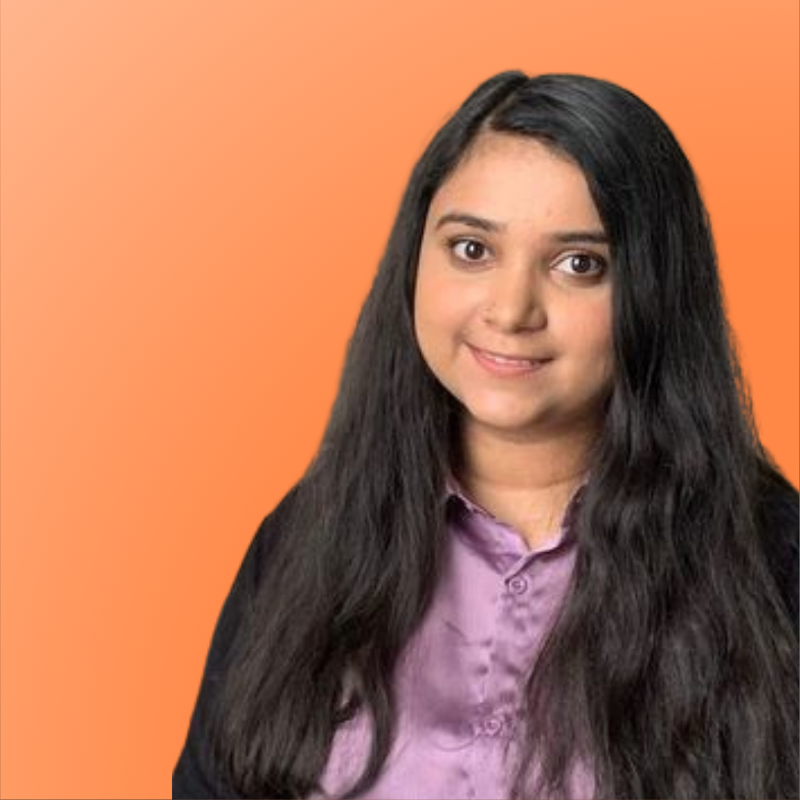 Portrait of a young woman with long black hair, wearing a purple shirt and black blazer, against an orange background.