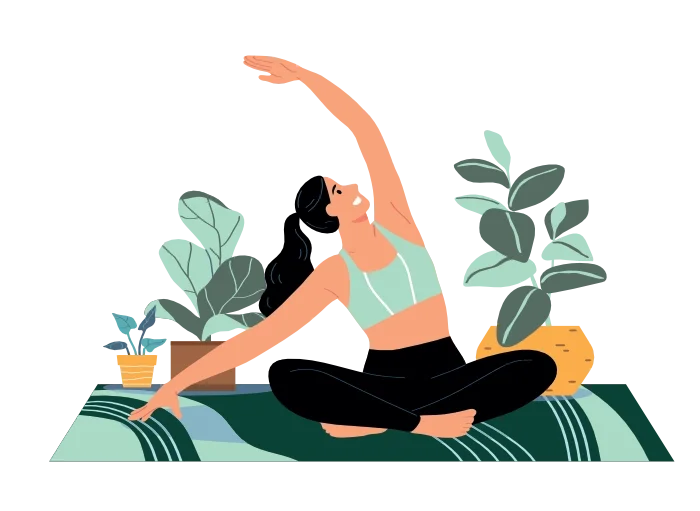 Woman practicing yoga indoors, sitting cross-legged on a mat, stretching her arm overhead surrounded by potted plants.
