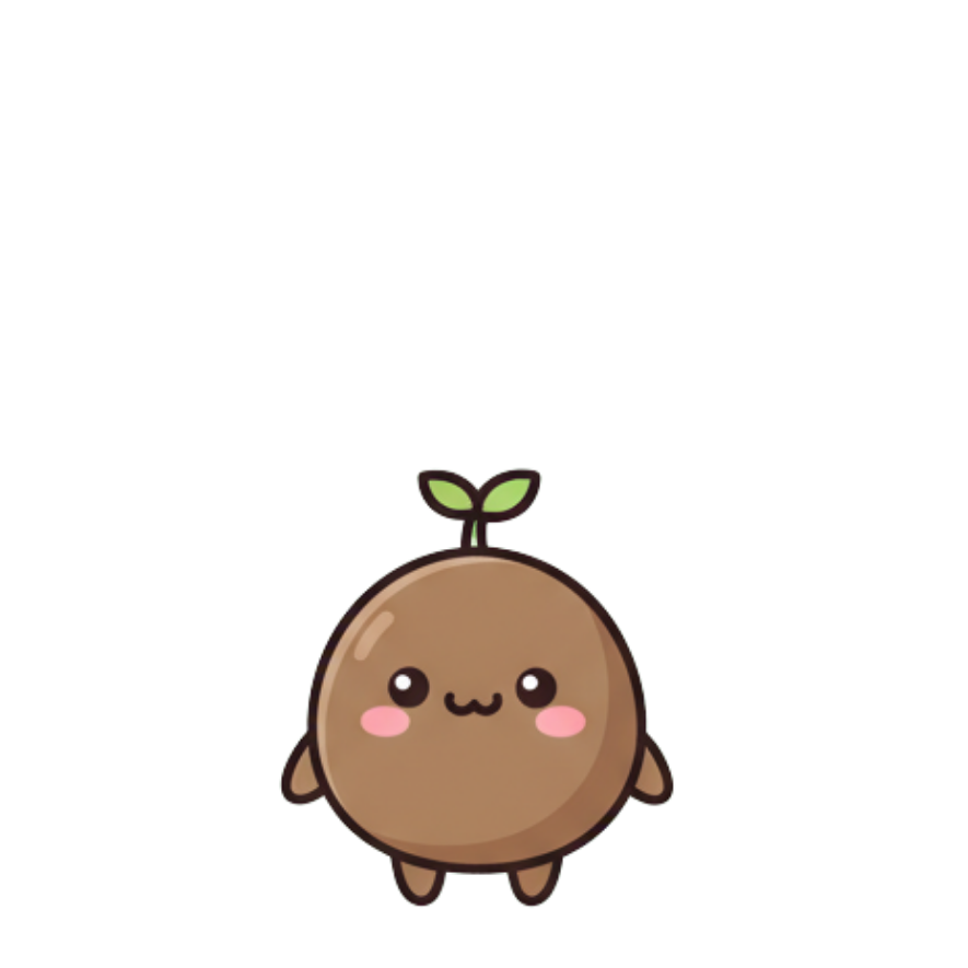 Cute cartoon sprout with a smiling face and pink cheeks, small arms, and tiny feet, with a sprout growing from the top of its head.