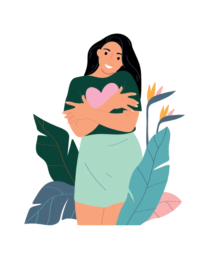 Illustration of a woman with long black hair smiling, hugging herself, wearing a dark green shirt with a pink heart, and a light blue skirt, standing among large tropical leaves.