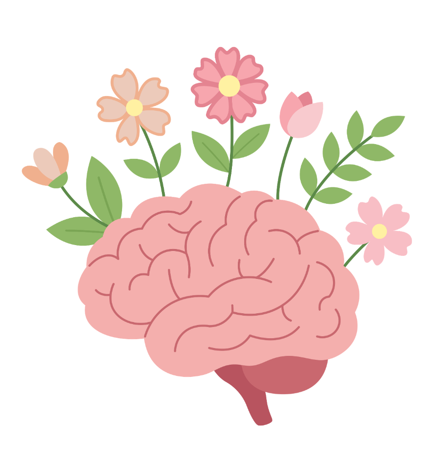 Illustration of a human brain with pink flowers and green leaves growing from it.