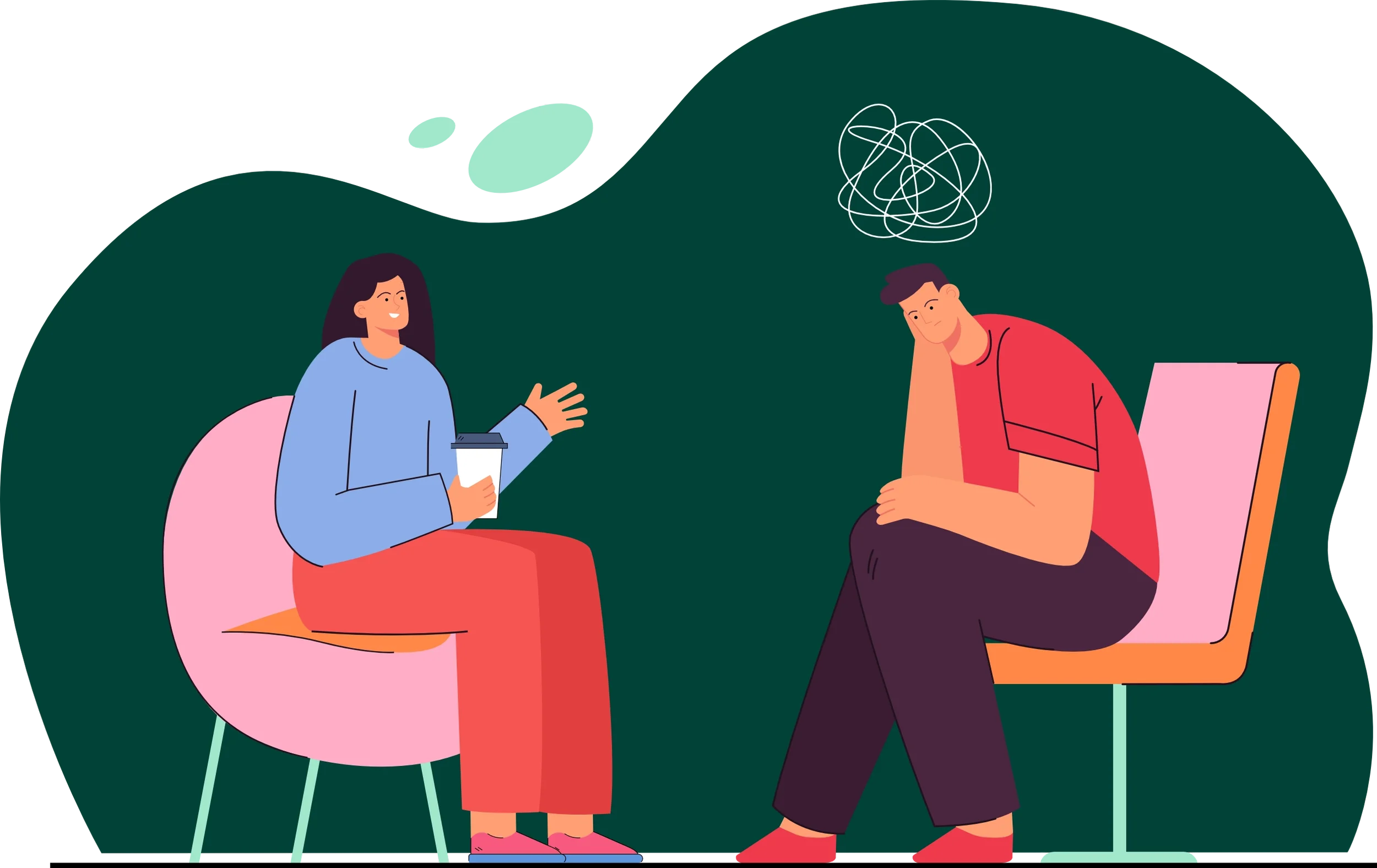 Illustration of a woman and man having a conversation in a therapy session, with the woman holding a coffee cup and speaking, and the man sitting on a chair with a distressed expression and scribbles above his head.