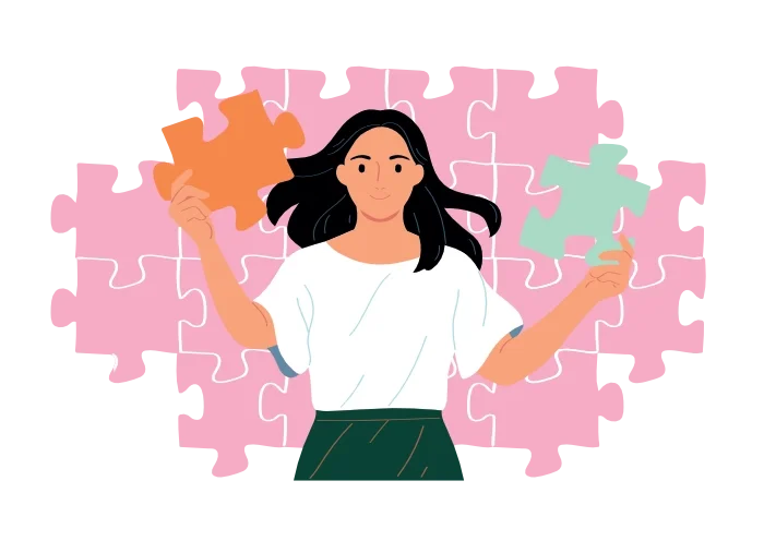 Illustration of a woman holding a puzzle piece in each hand, with a background of pink puzzle pieces.
