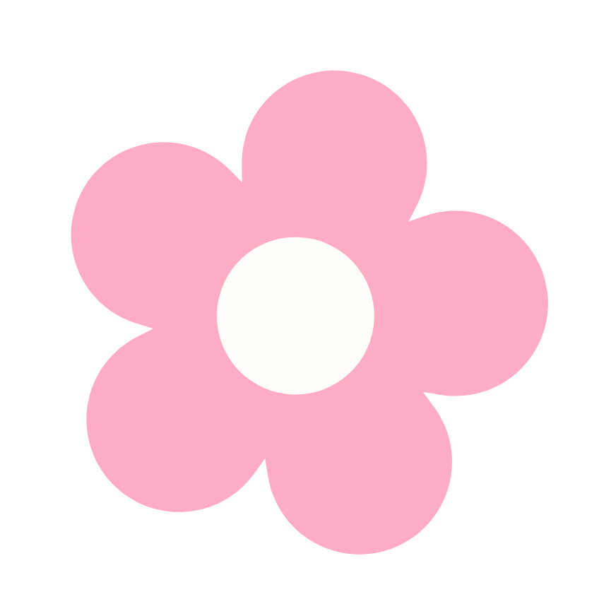 A simple cartoon illustration of a pink flower with five rounded petals and a white center.