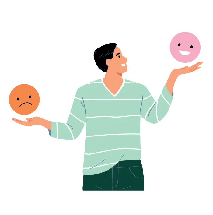 Person juggling two emoticons, a sad face in one hand and a happy face in the other, symbolizing balancing emotions.