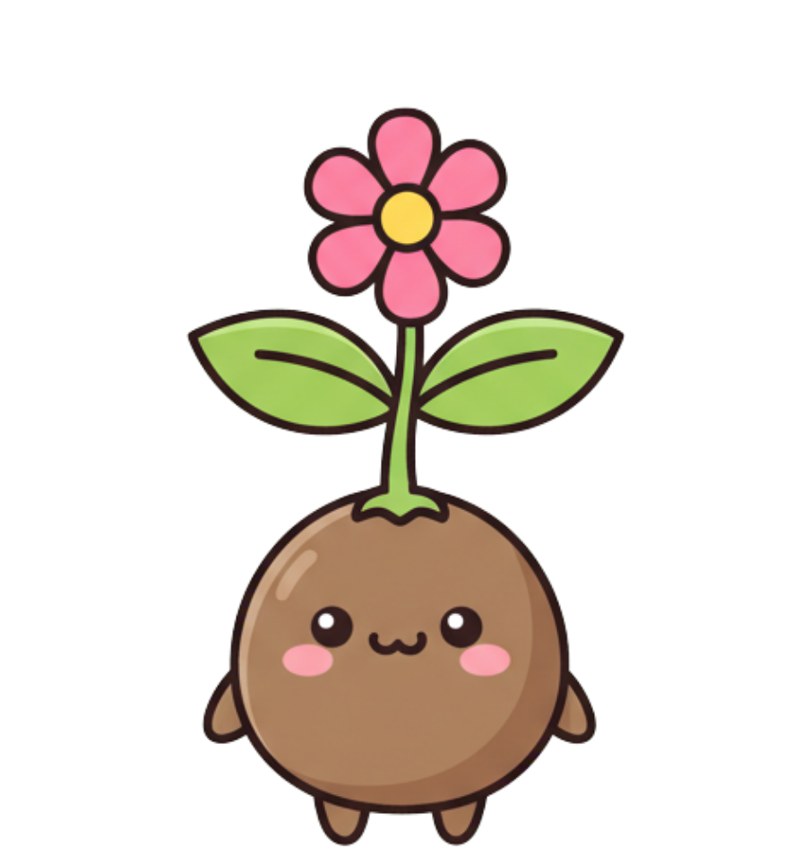 Cute cartoon sprout with a smiling face, rosy cheeks, and a pink flower with yellow center on top, standing on a brown soil mound.