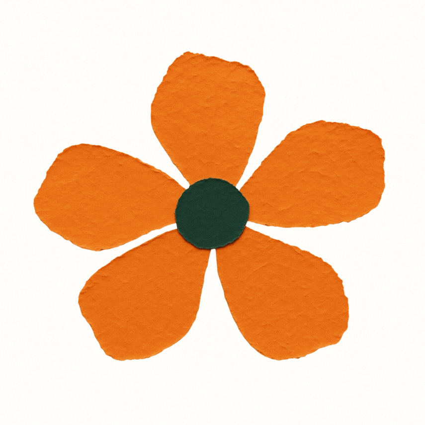 Craft paper flower with five orange petals and a dark green center.