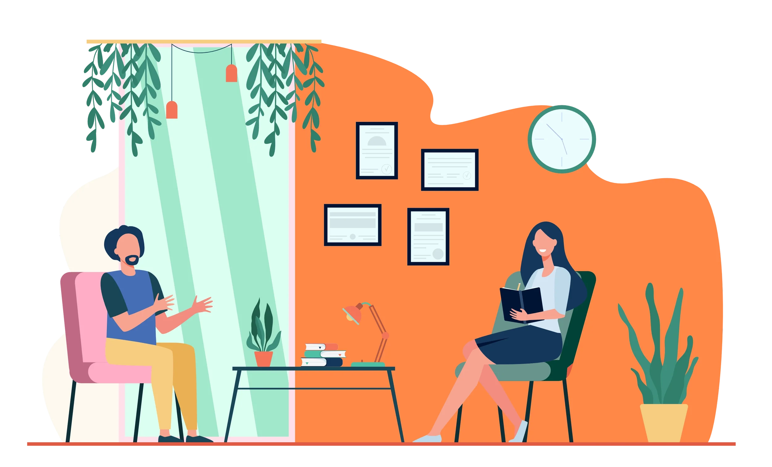 A therapist conducts a therapy session with a client in an office decorated with plants, framed certificates, and a clock on an orange wall.