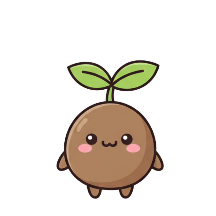 A cute, cartoon-style sprout with a smiling face, two green leaves on top, and small limbs, resembling a friendly plant character.