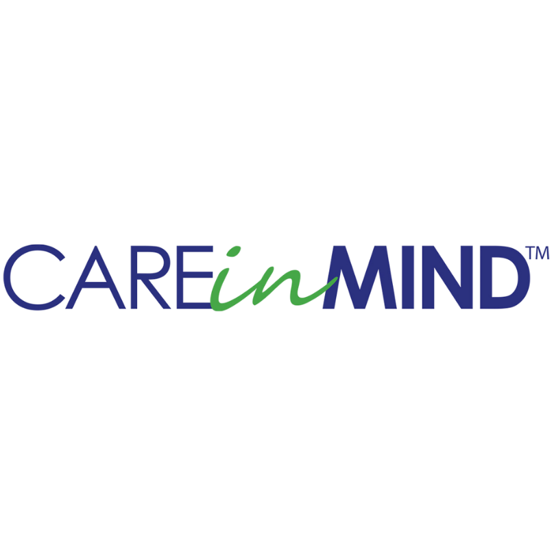 Logo with the text 'Care in MIND' in blue and green, with a stylized green letter 'i' in 'in'.