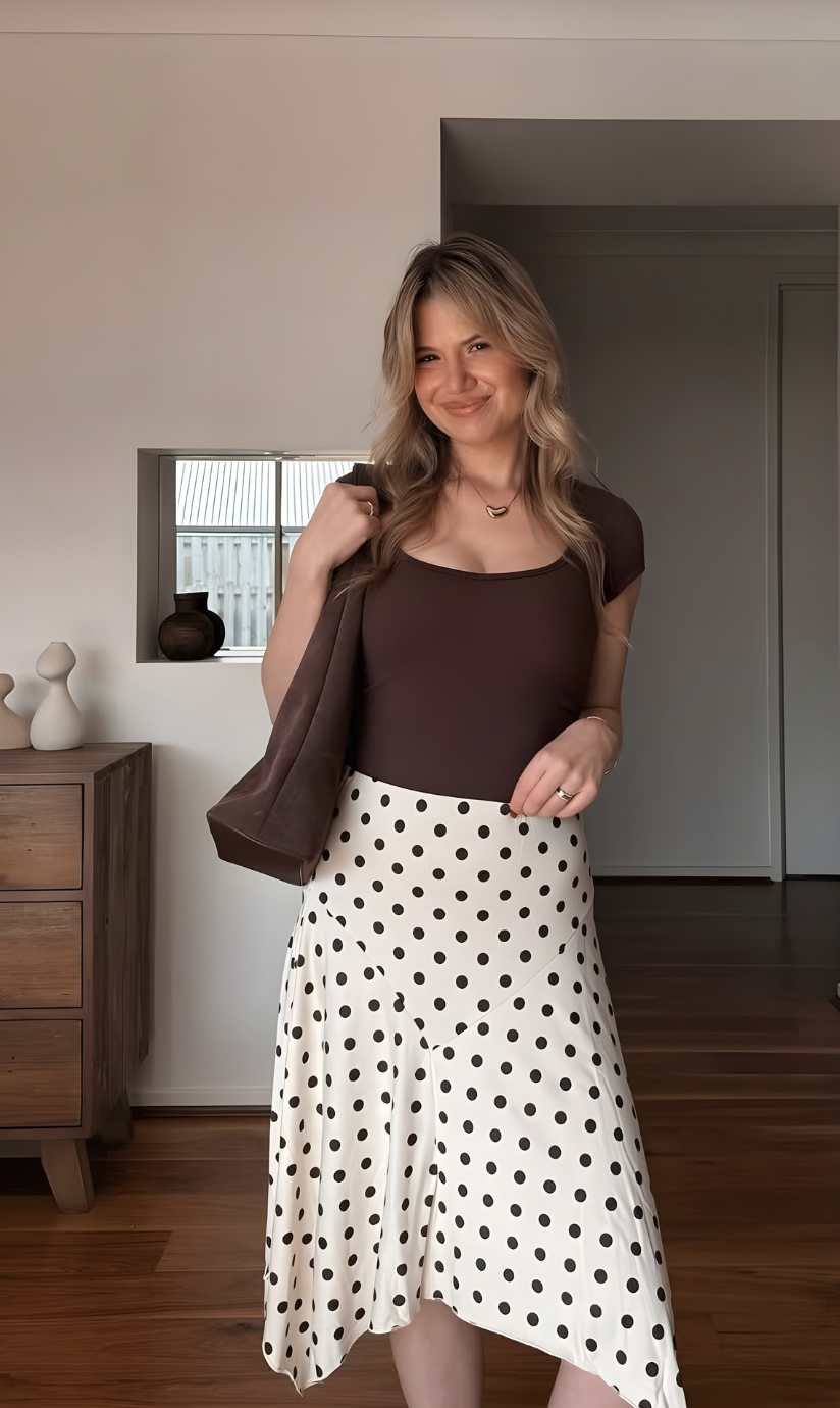 Sinead Finn styled in a polka dot skirt