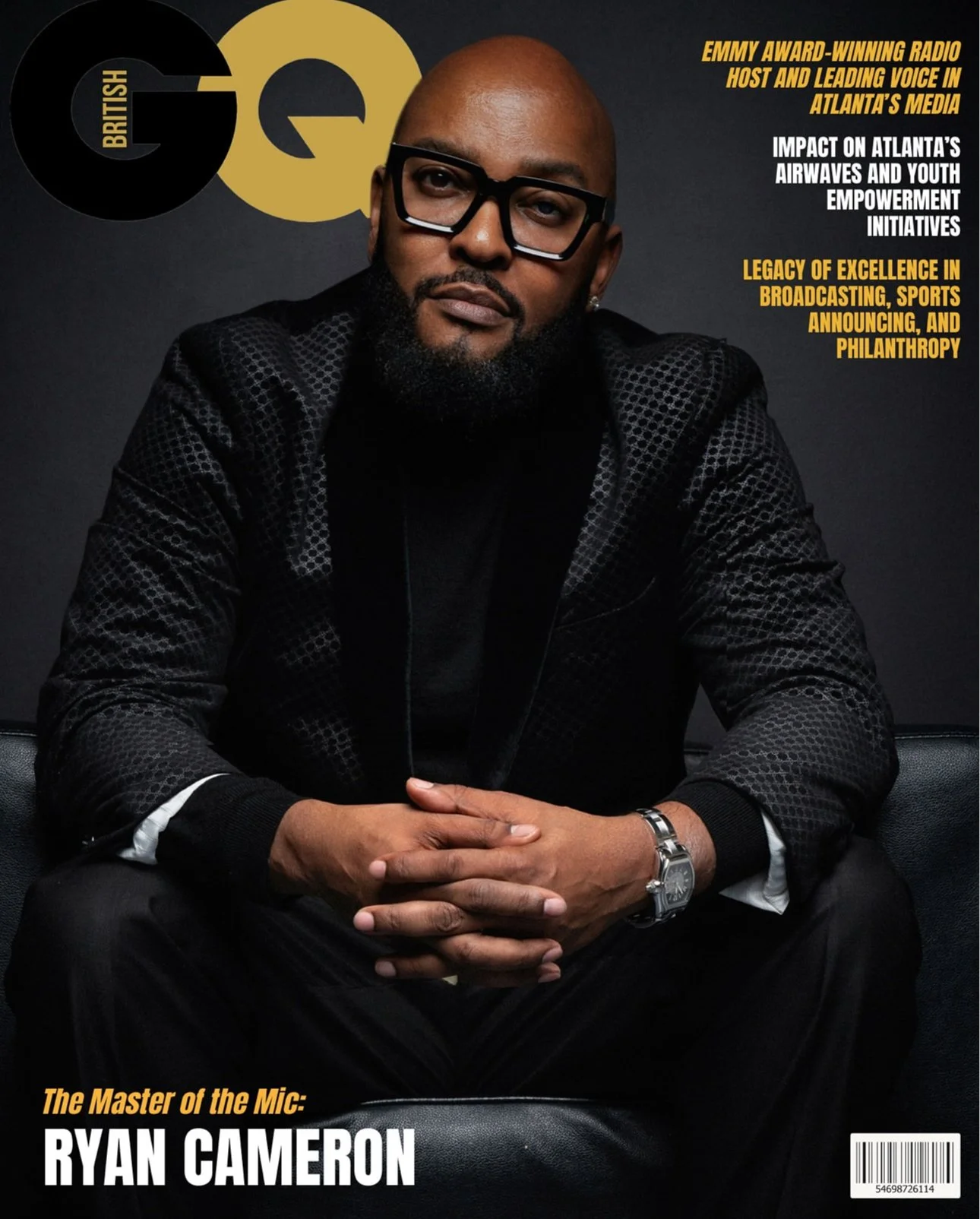 Cover of GQ magazine featuring Ryan Cameron, a Black man with a shaved head and beard, wearing glasses, a black textured blazer, a silver watch, and seated with hands clasped. Text highlights include 'The Master of the Mic: Ryan Cameron' and mentions of awards, Atlanta media impact, and legacy in broadcasting.