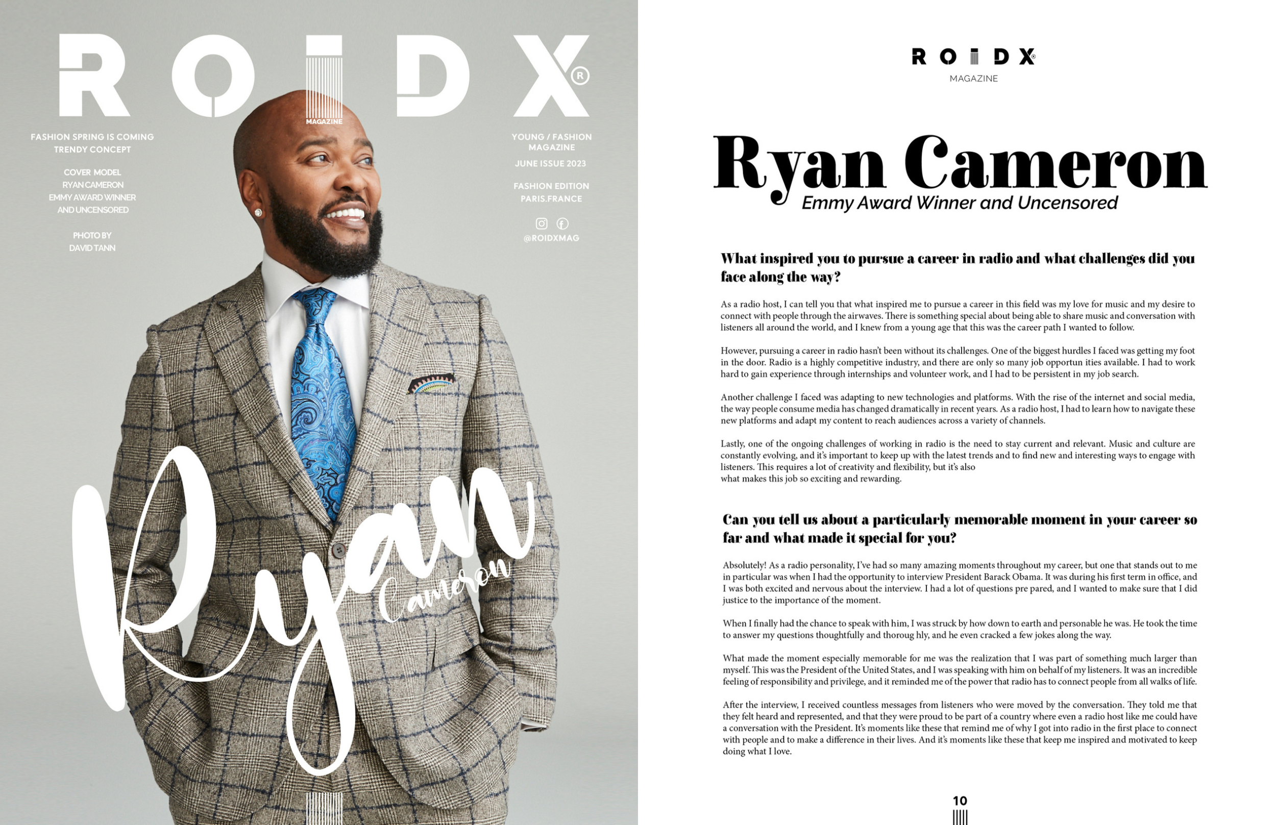Cover of ROIDX magazine featuring Ryan Cameron, an Emmy Award-winning radio host, wearing a checkered suit jacket, white shirt, and blue patterned tie, with gold earrings, smiling and looking to the side.