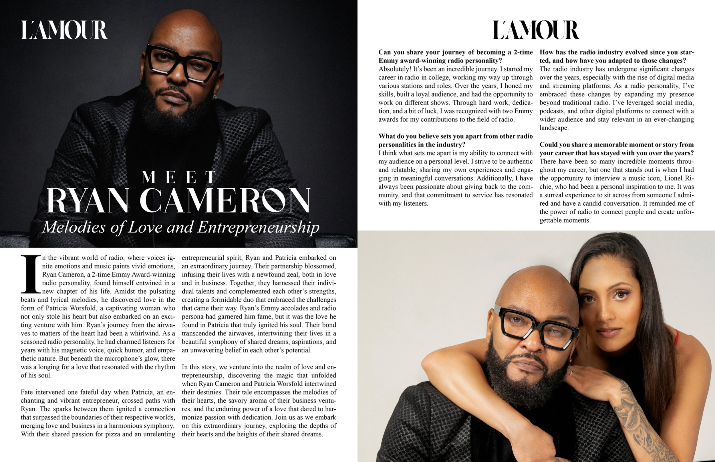 Magazine page with an interview feature about Ryan Cameron, showing a close-up of Ryan Cameron wearing glasses and a woman with long, dark hair and tattoos on her arm leaning on his shoulder.