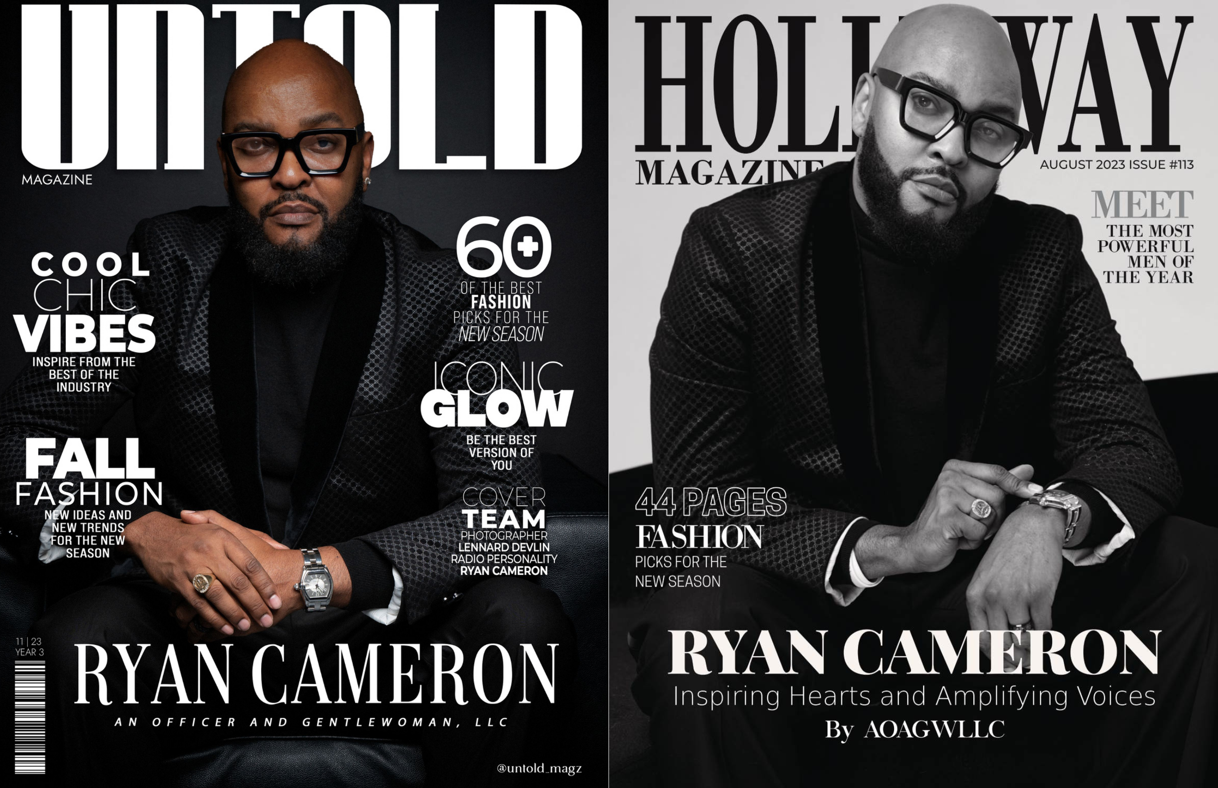 Magazine cover featuring a Black man with glasses, a beard, and a shaved head, wearing a black outfit. The magazine is titled "Untold" and includes headlines about fashion, style, and influential men, including Ryan Cameron, who is described as inspi