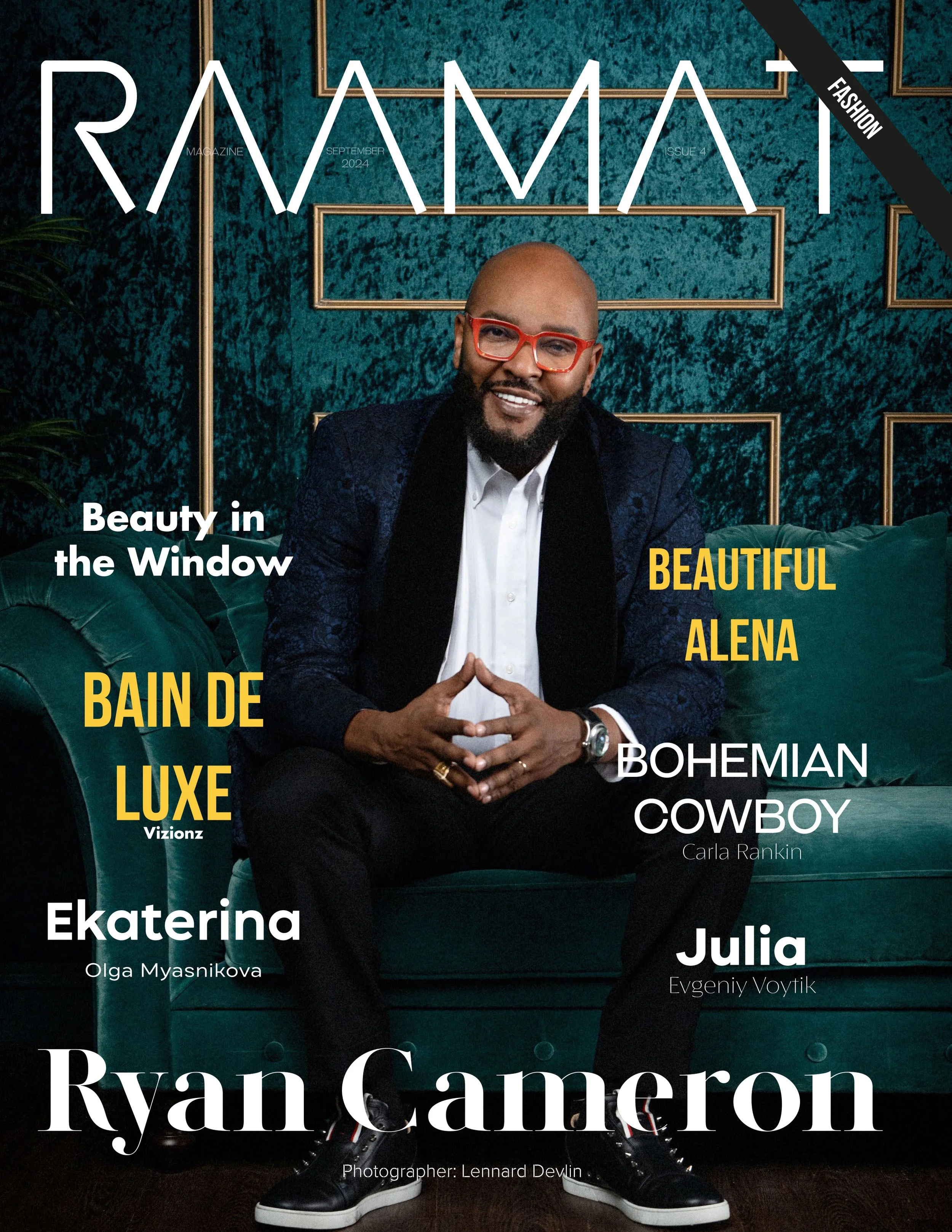 Cover of RAM magazine, September 2024 issue, featuring a smiling man with a shaved head, beard, red glasses, white shirt, and dark blazer, sitting on a green velvet armchair against a textured teal wall with gold picture frames, with various headline