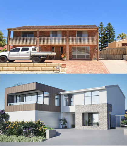 Modern house with stone and wood facade, large windows, and landscaped front yard.