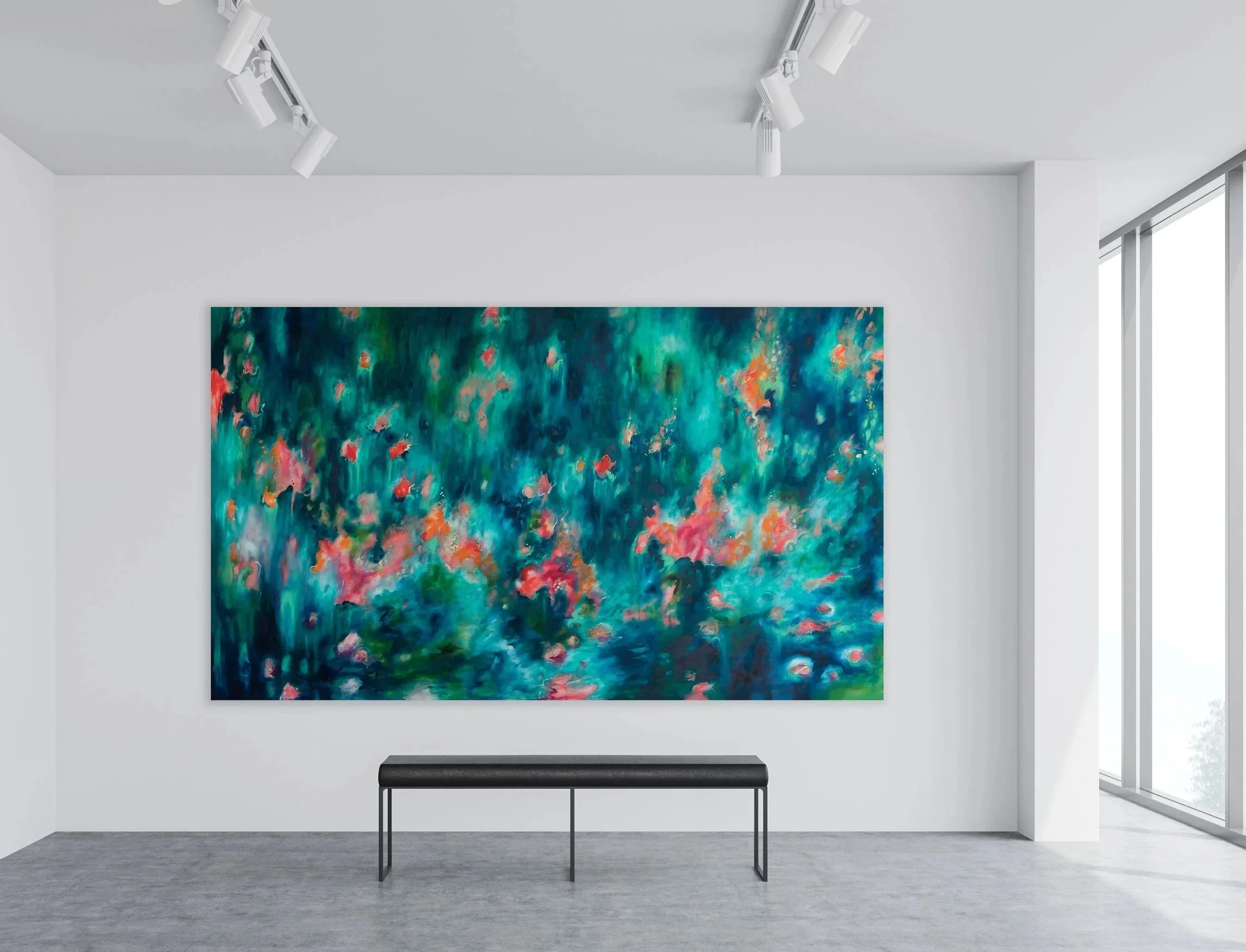 Abstract and colorful melting florals painting in an art gallery with white walls, overhead lighting, a black bench, and large windows on the side.