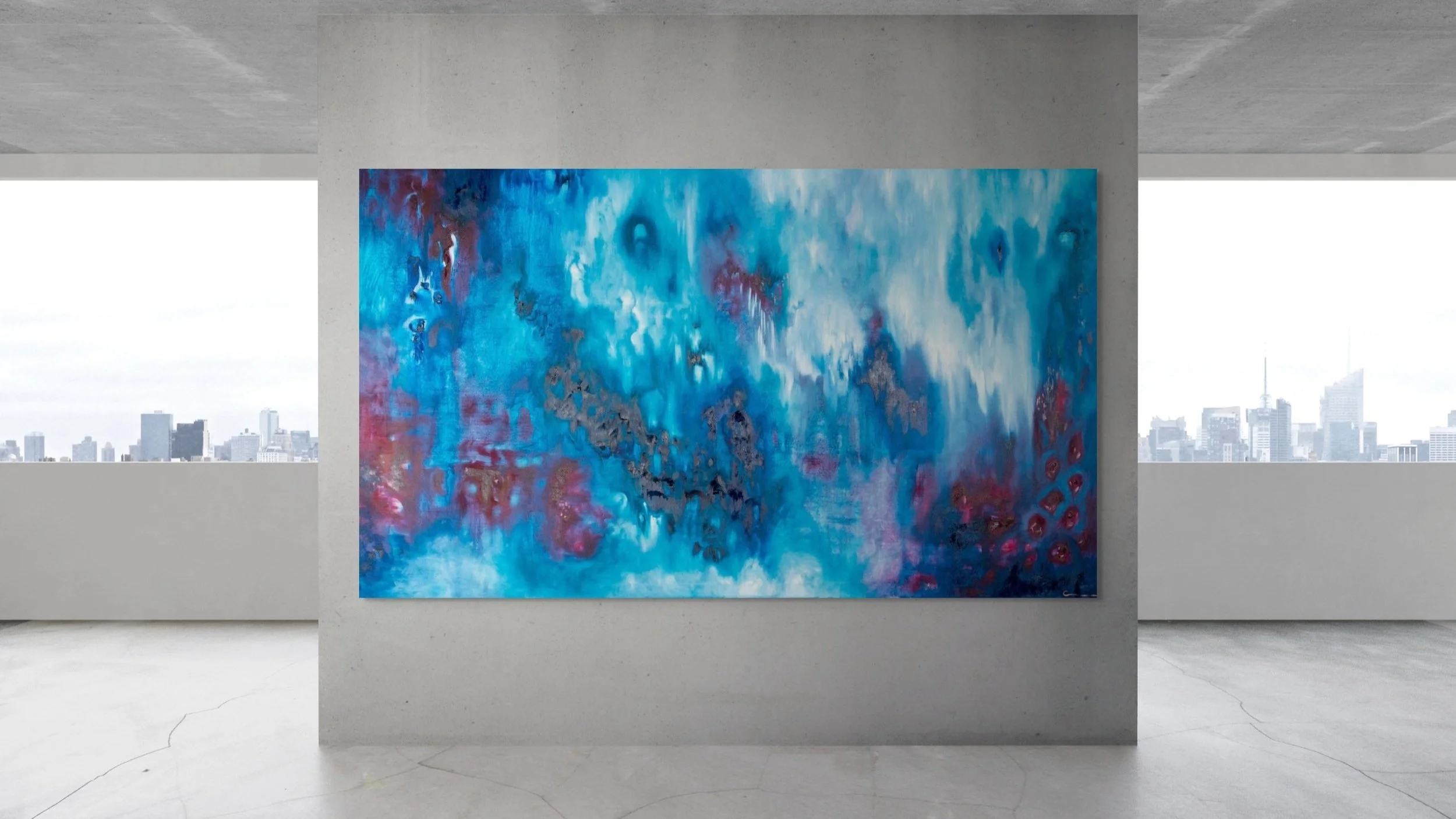 Abstract blue and purple ocean painting displayed on a gallery wall with city skyline visible through windows in the background.
