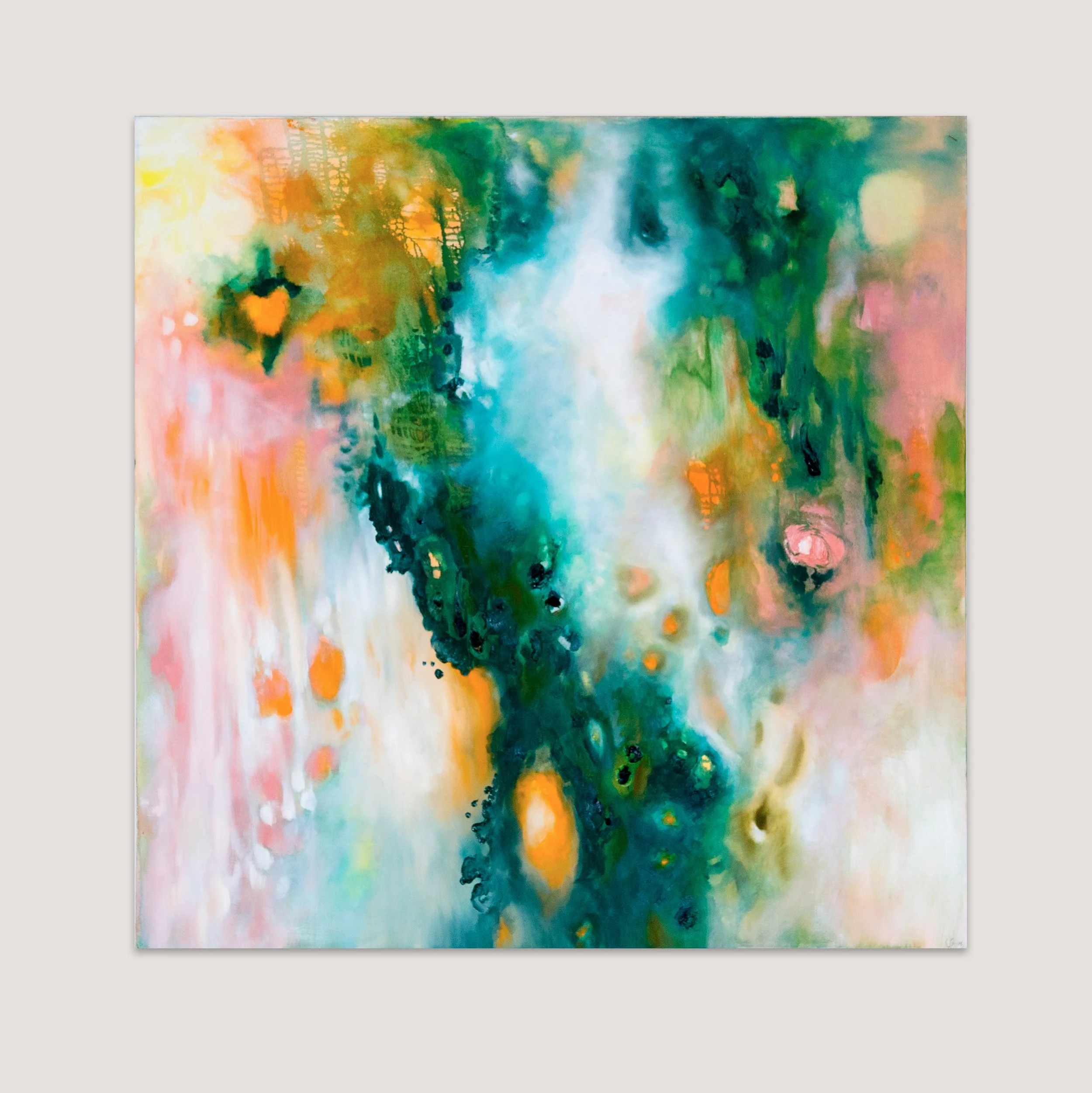 Abstract oil painting of rainforest with vibrant splashes of green, blue, orange, pink, and yellow blending together.