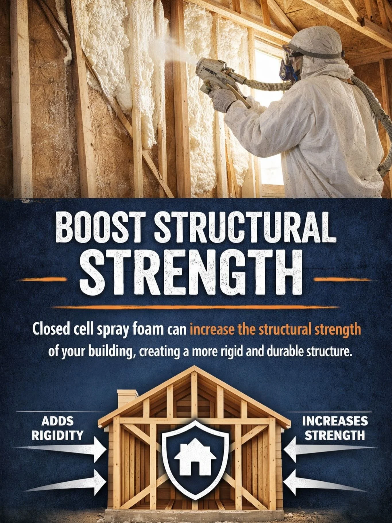 Base Camp Spray Foam infographic demonstrating how closed cell spray foam increases structural strength in building construction, with a background of a person applying spray foam insulation to wooden wall studs.