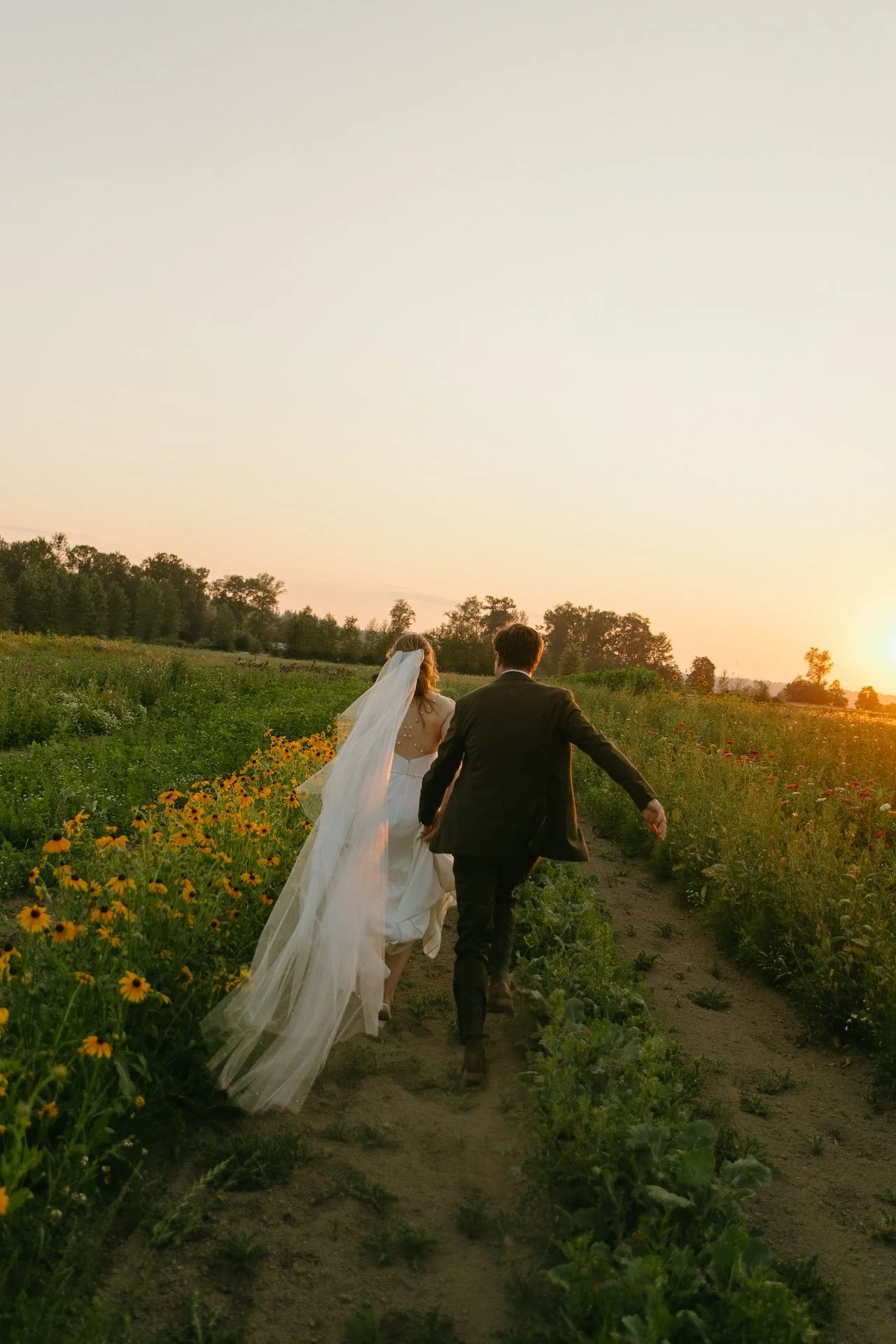 Couple runs hand in hand through rows of sunflowers and greenery as the sun sets over their garden party wedding.