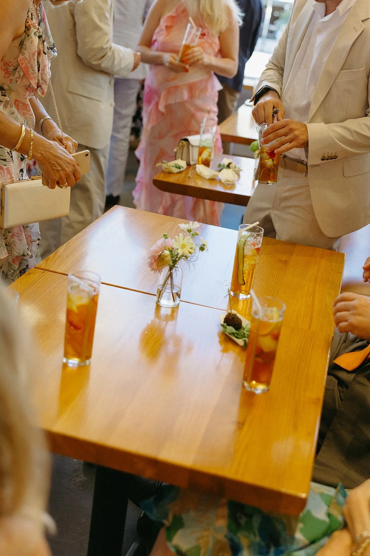 Guests drinks on the tables during cocktail hour at the Mayfield.
