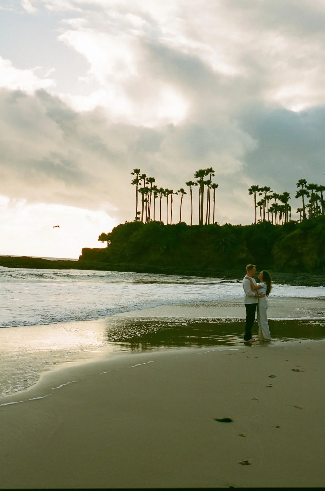 Wide shot of an engaged couple embracing on wet sand with palm trees and cliffs in the background as the sun sets over the ocean.