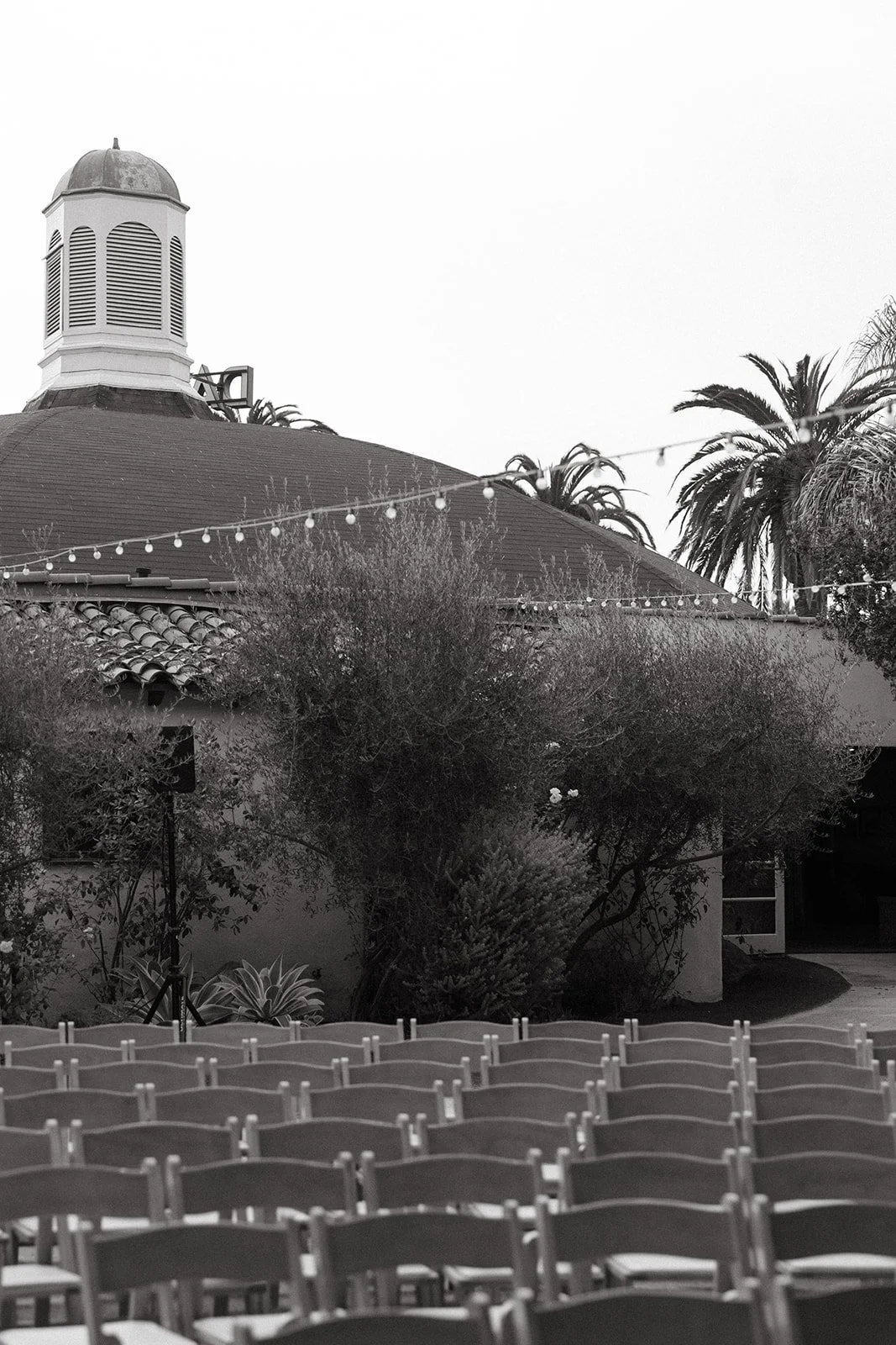 Black and white ceremony setup at an outdoor San Clemente Wedding Venue, featuring rows of chairs and string lights beneath palm trees.
