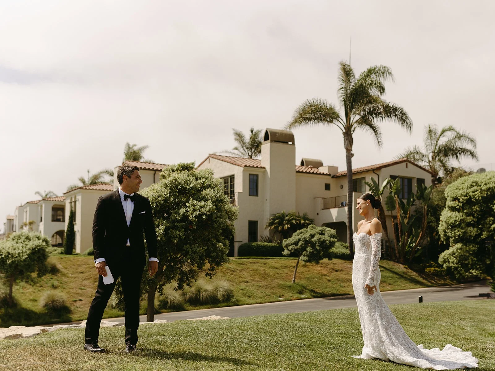 A bride and groom during a first look at their Terranea Resort wedding