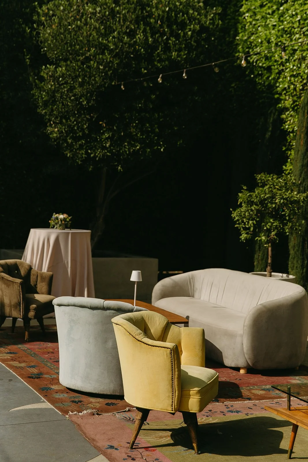 A wedding cocktail hour setup at the fig house, a unique wedding venue in Los Angeles