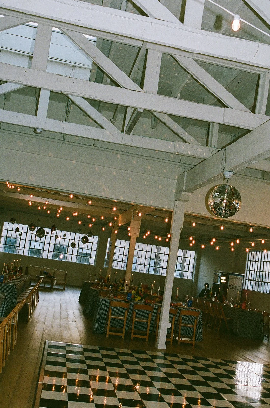 A wedding reception setup inside of a unique wedding venue