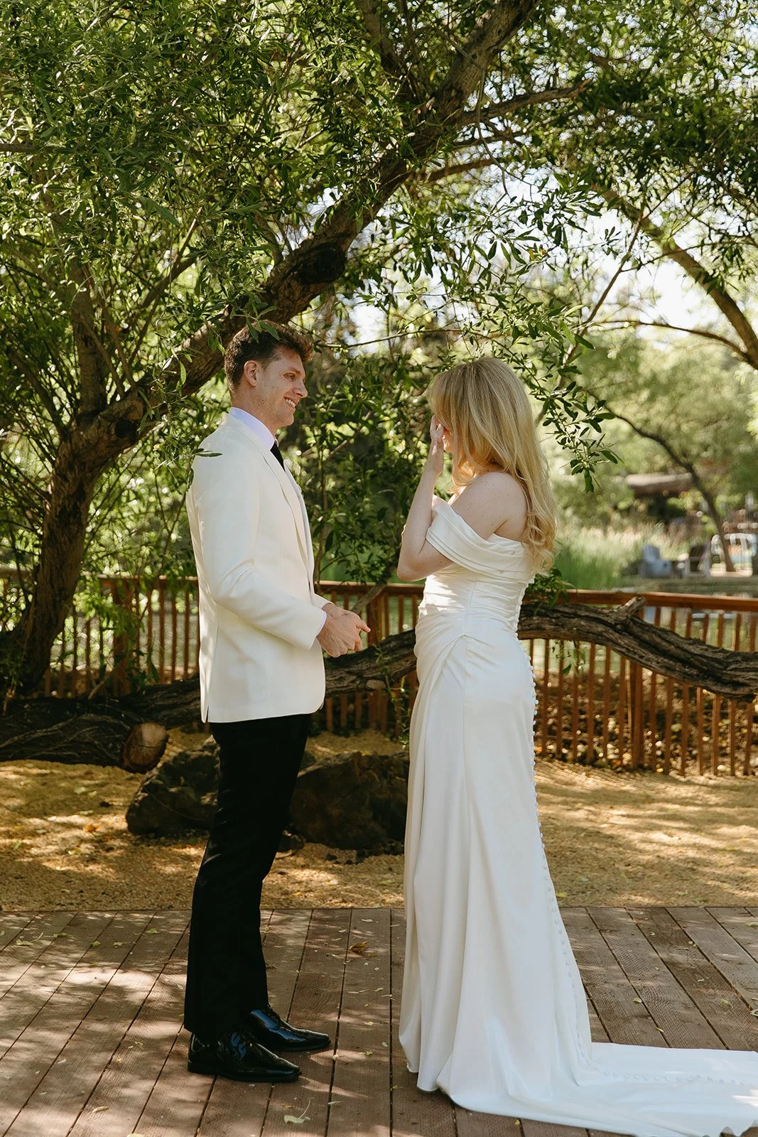 A bride and groom during their first look at Calamigos RAnch