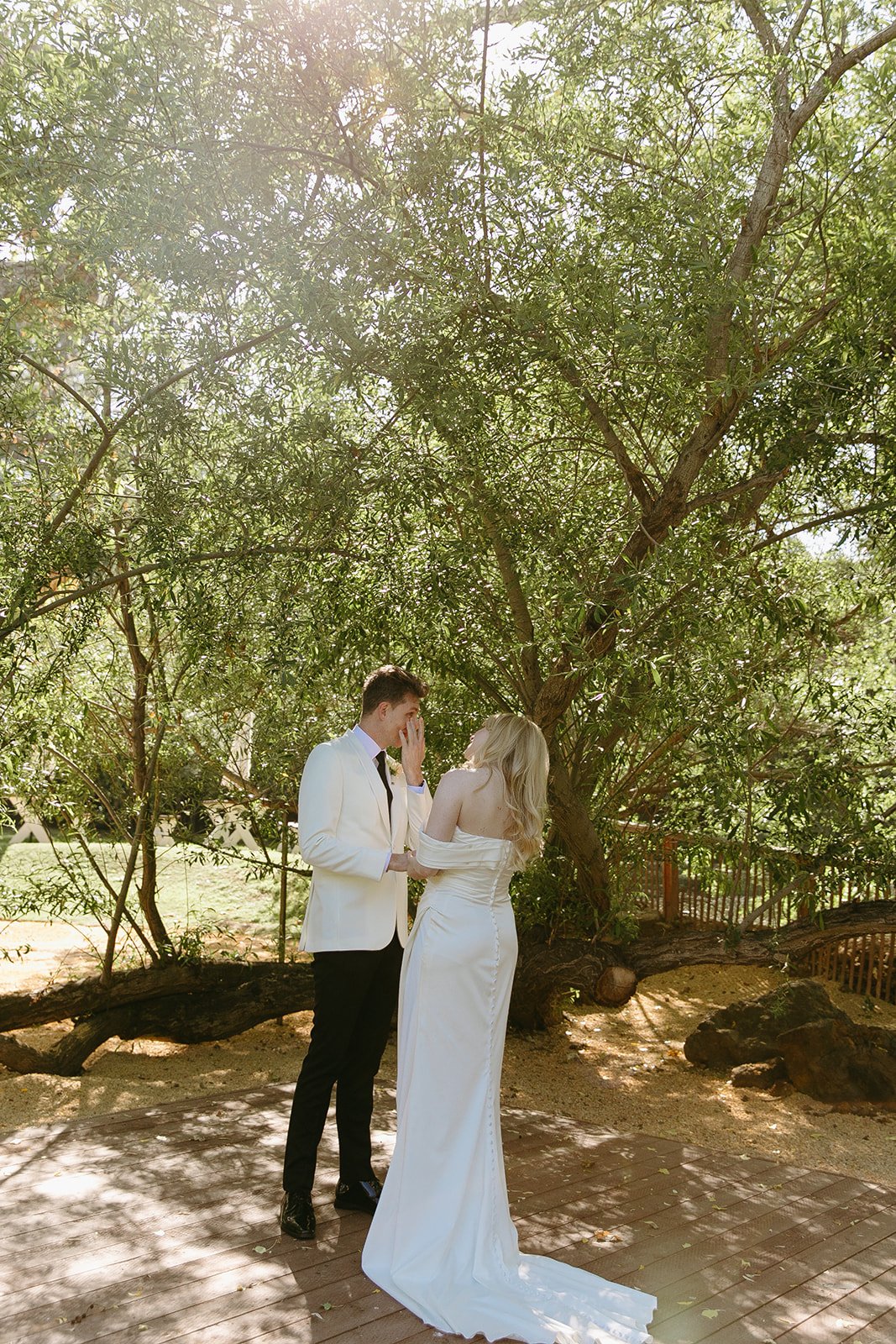 A bride and groom during their first look at Calamigos RAnch