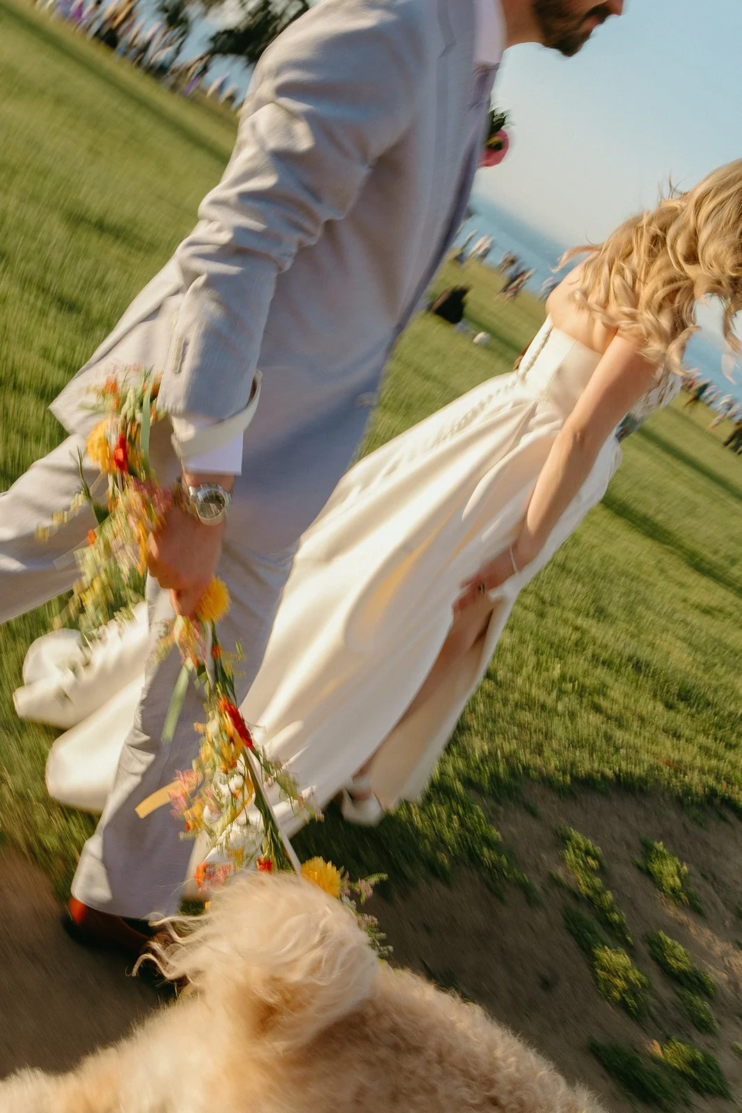 A bride and groom taking wedding photos with their dog