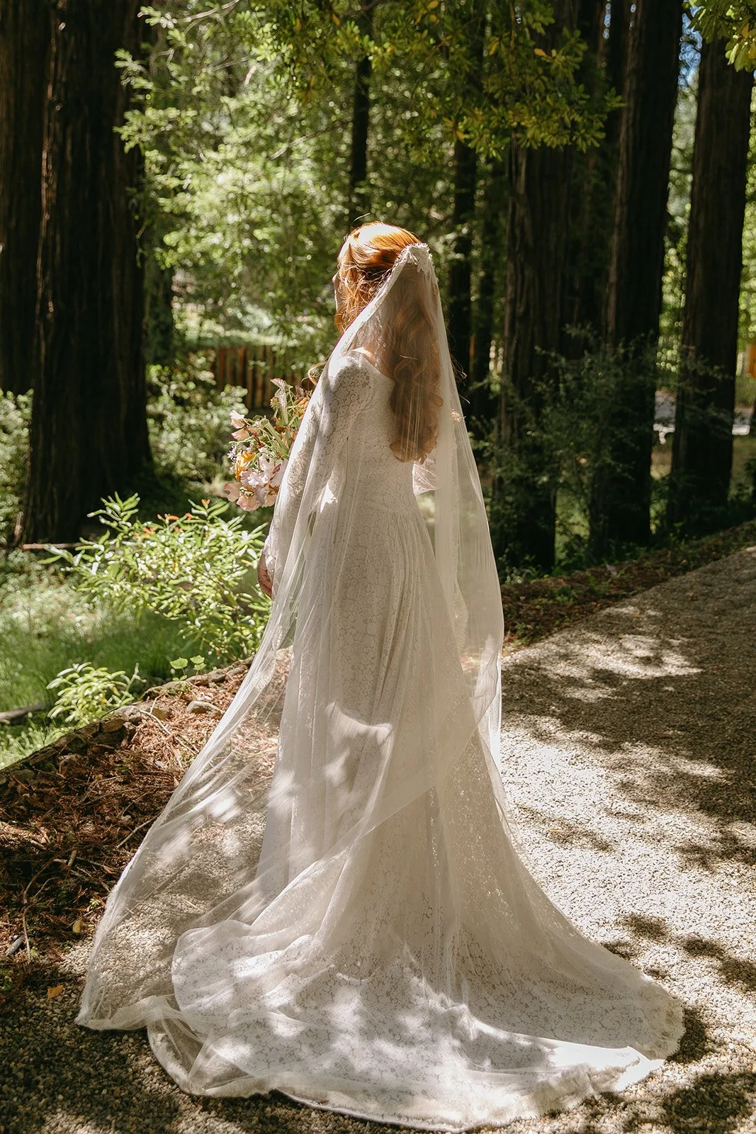 A bride standing in the woods for bridal portraits